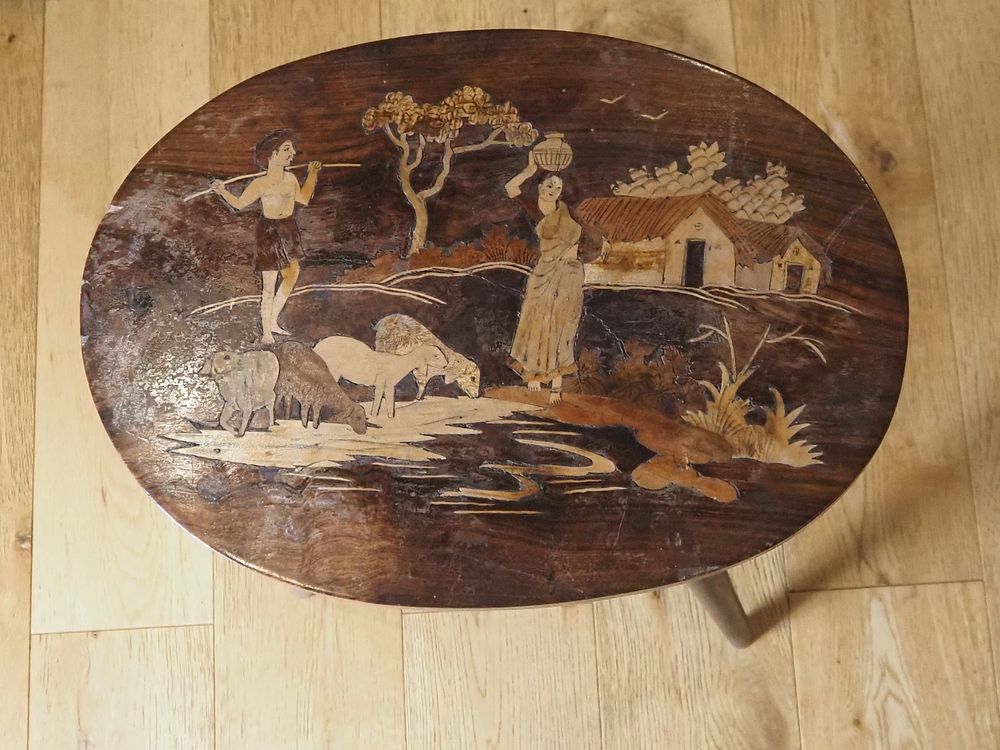 Lot 238b: Vintage Indian Rosewood Inlaid Side Table / Stool