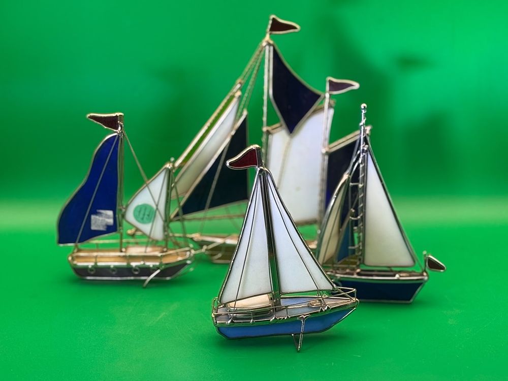 Lot 262: Handcrafted Stained Glass Sailboat Sculptures Wirework Nautical Decor Collection