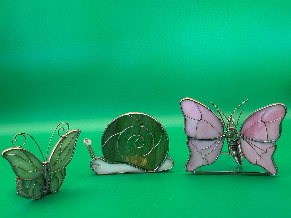 Lot 263:  Handcrafted Stained Glass Butterfly and Snail Sculptures Nature Themed Decor Set