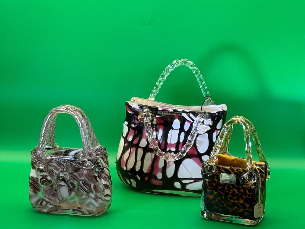 Lot 266: Three Art Glass Handbag Sculptures Murano Style Leopard and Marbled Patterns
