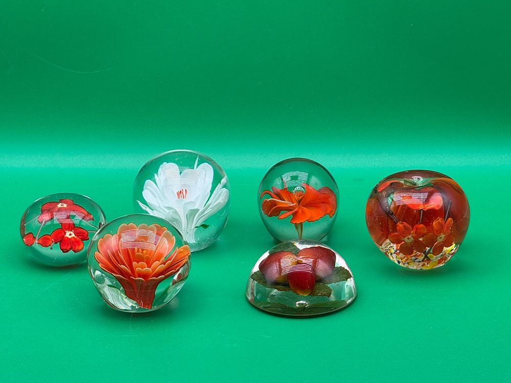 Lot 268: Six Floral and Fruit Art Glass Paperweights Collection Vibrant Internal Designs