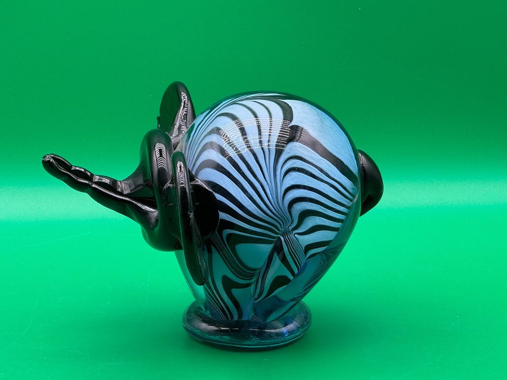 Lot 270: Art Glass Elephant Head Sculpture Blue Black Swirl Pattern with Original Labe