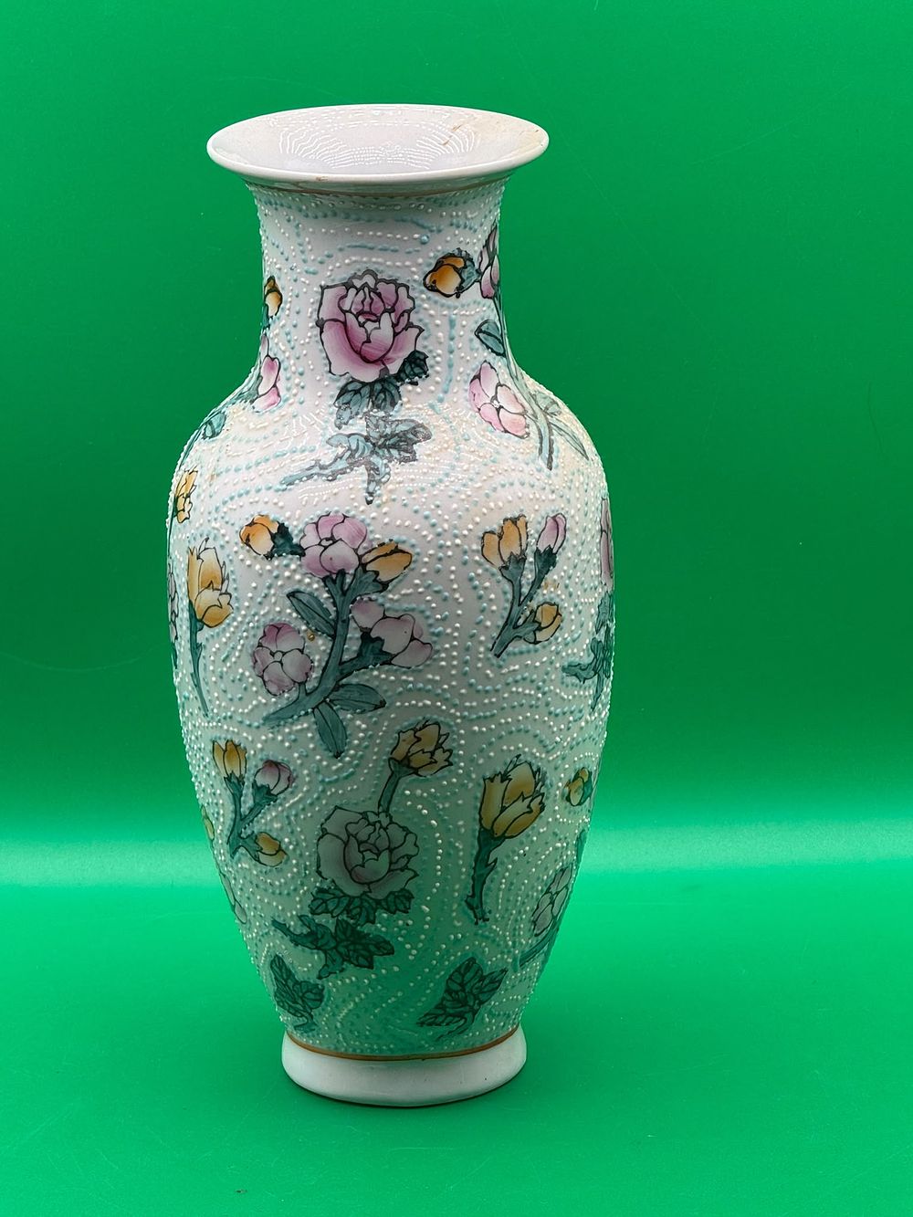 Lot 300: Oriental Porcelain Vase with Raised Beaded Enamel Floral Rose Decorated