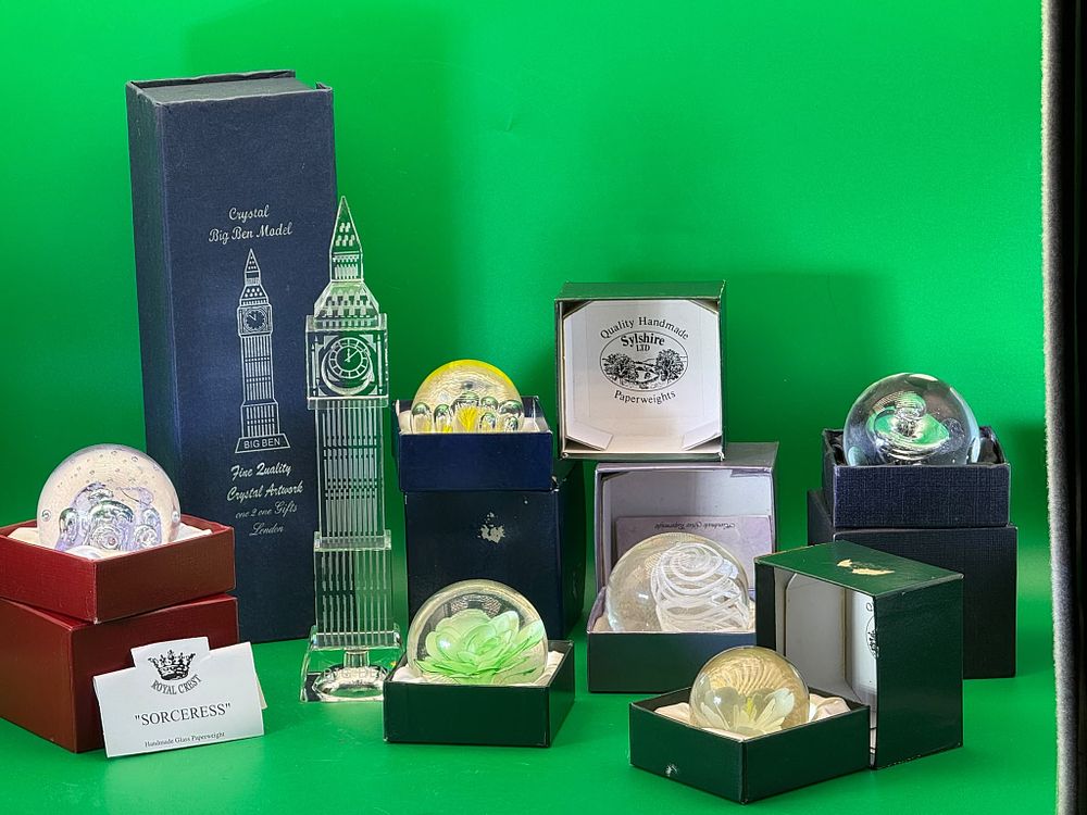 Lot 271: Collection of Boxed Art Glass Paperweights and Crystal Big Ben Mode