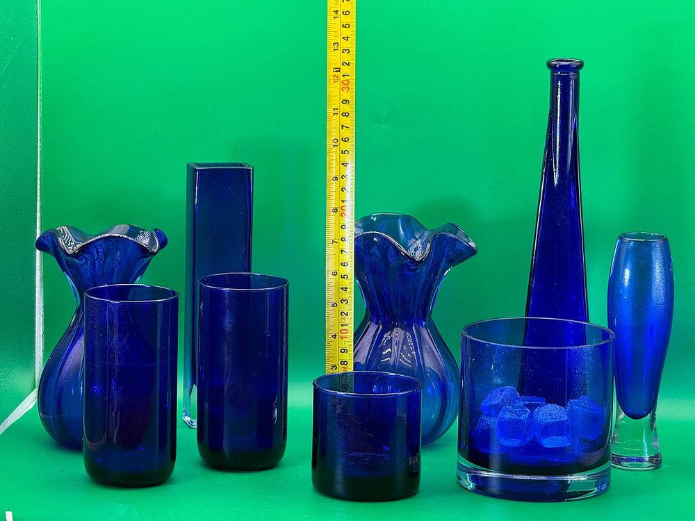 Lot 274: Collection of Eight Cobalt Blue Glass Vases and Decorative Pieces