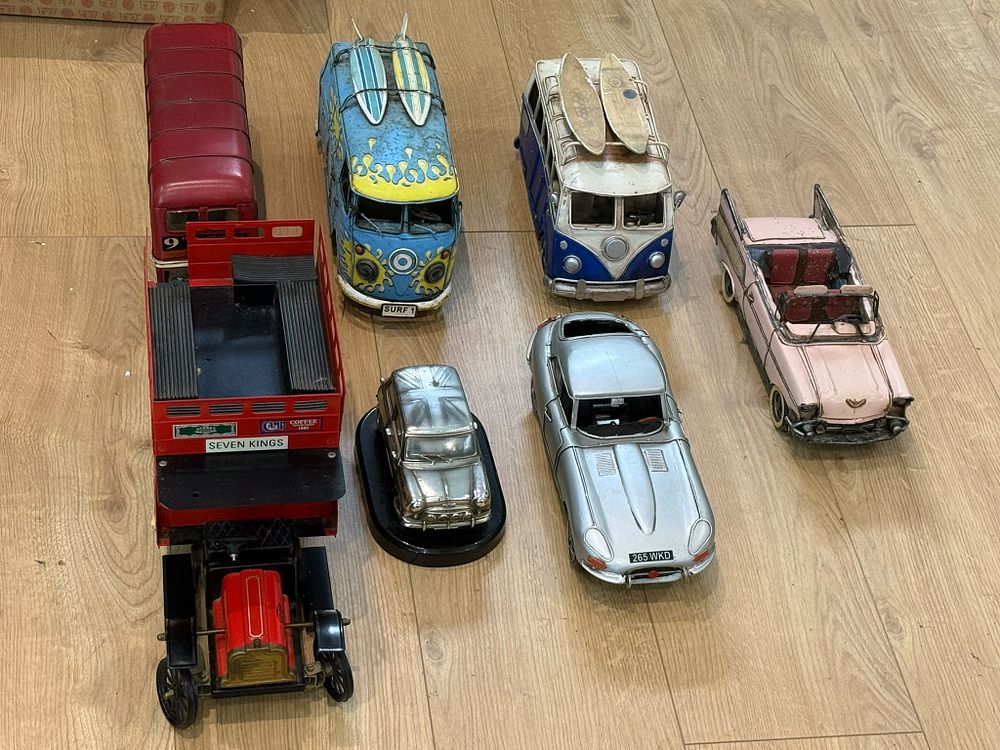 Lot 287: Collection of Decorative Metal Model Vehicles Vintage Style Cars Buses and Vans