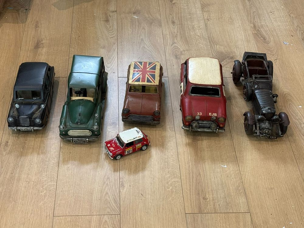 Lot 288: Six Decorative Metal Model Vintage Cars and Miniature Rally Model