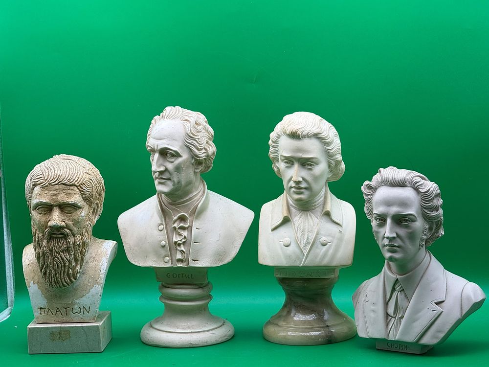 Lot 305: Four Busts Plato Goethe Mozart and Chopin Resin and Stone Sculptures