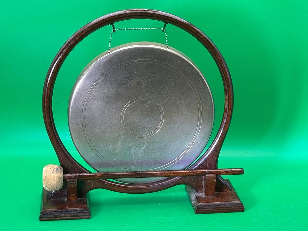 Lot 308: Vintage Tabletop Dinner Gong with Wooden Stand and Mallet