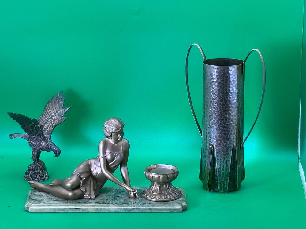 Lot 309: Vintage Art Deco-style Metal Figurine of Reclining Lady with Bird and Decorative Vase
