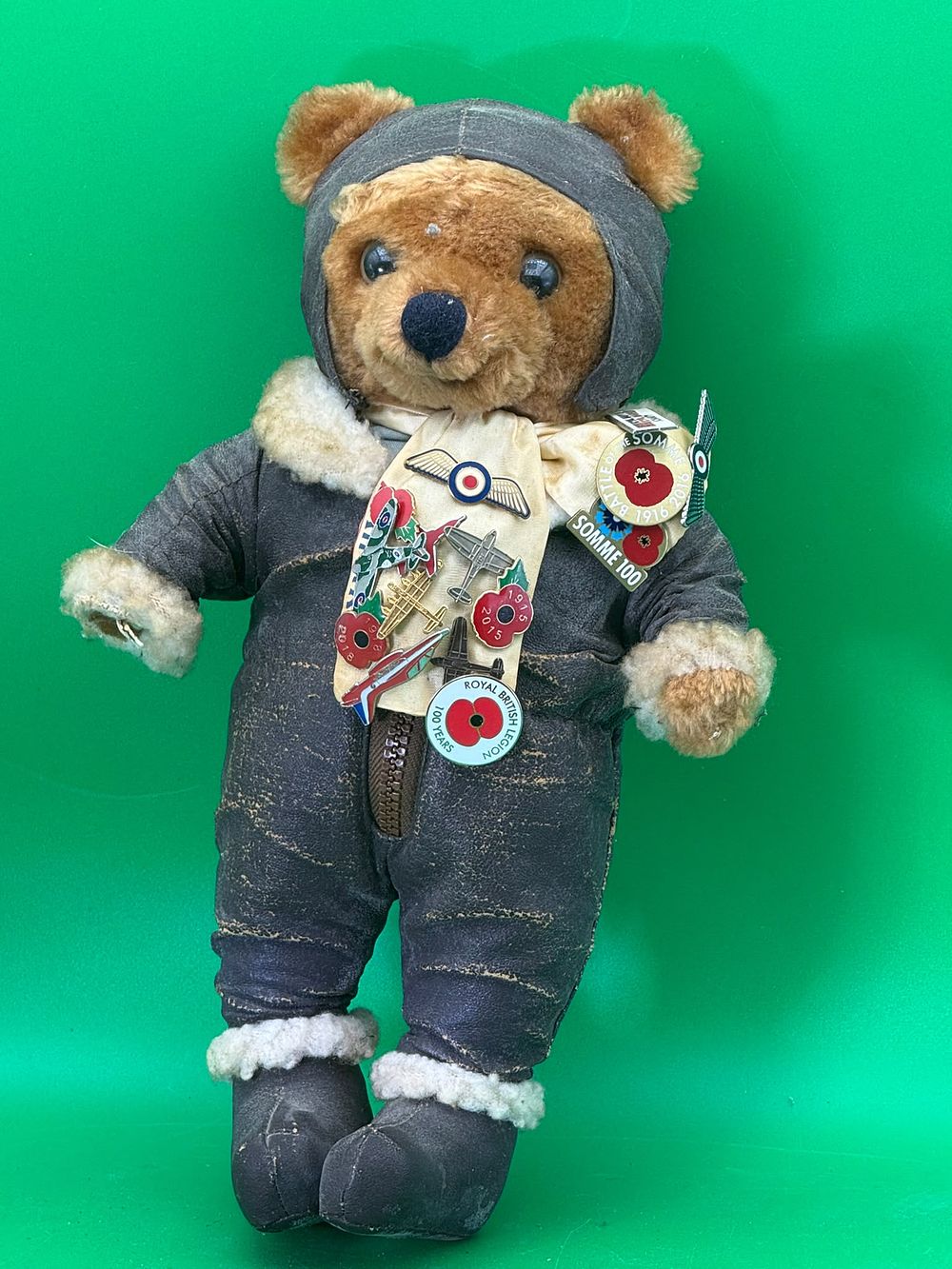 Lot 312: Aviator Teddy Bear w/ Logo Scarf & Poppy Pins