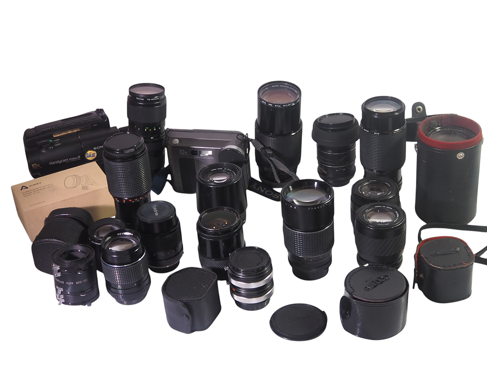 Lot 173: Collection Of Camera Lenses And Equipment Including Sony Mavica And Handycam