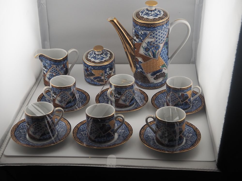 Lot 321: Imari Style Porcelain Coffee Set 6 Cups Saucers Pot Creamer Sugar Marked Japan