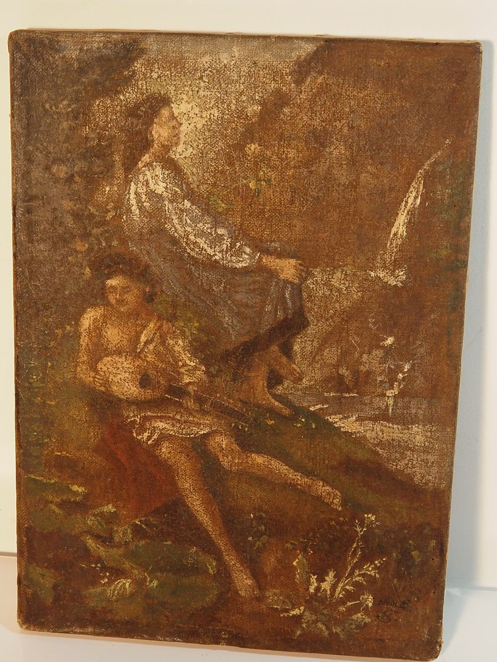 Lot 295f: Antique Oil Painting Pastoral Scene Man with Mandolin Woman by Waterfall
