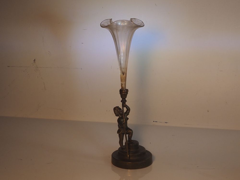 Lot 351: Bronze Cherub Shepherd Vase Iridescent Glass Trumpet 24cm Vintage