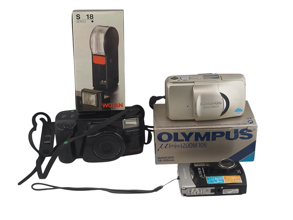 Lot 200e: s Camera Bundle Mju Zoom 105 AZ 230 Super Zoom Mju 850 SW Wotan S18 Flash
