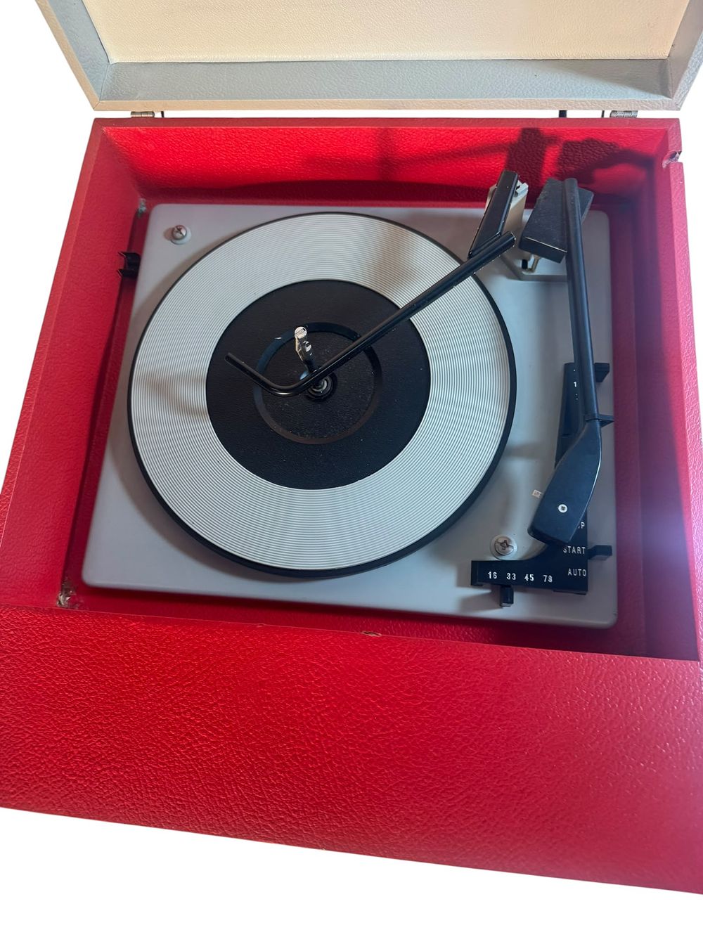 Lot 201b: Fidelity Vintage Portable Record Player Red Cream Case 4 Speed