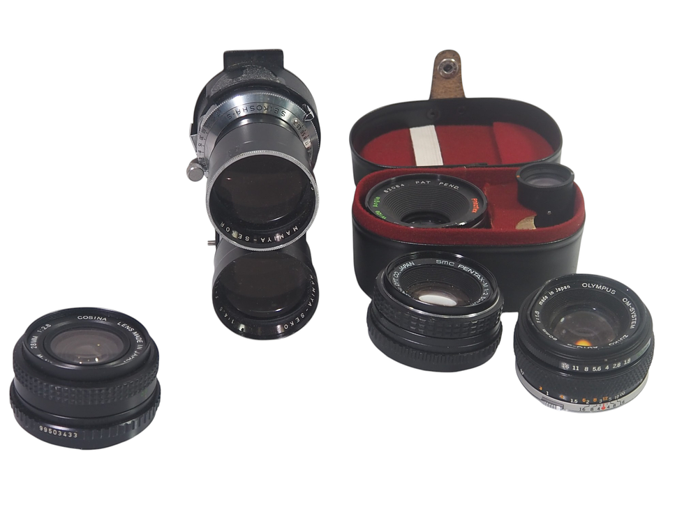 Lot 56: A Group of Five Vintage Camera Lenses Mamiya Olympus Pentax Cosina Prinzlex