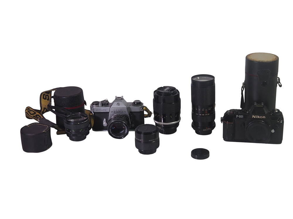 Lot 10: Pentax Spotmatic and Nikon F301 Cameras with Multiple Lenses
