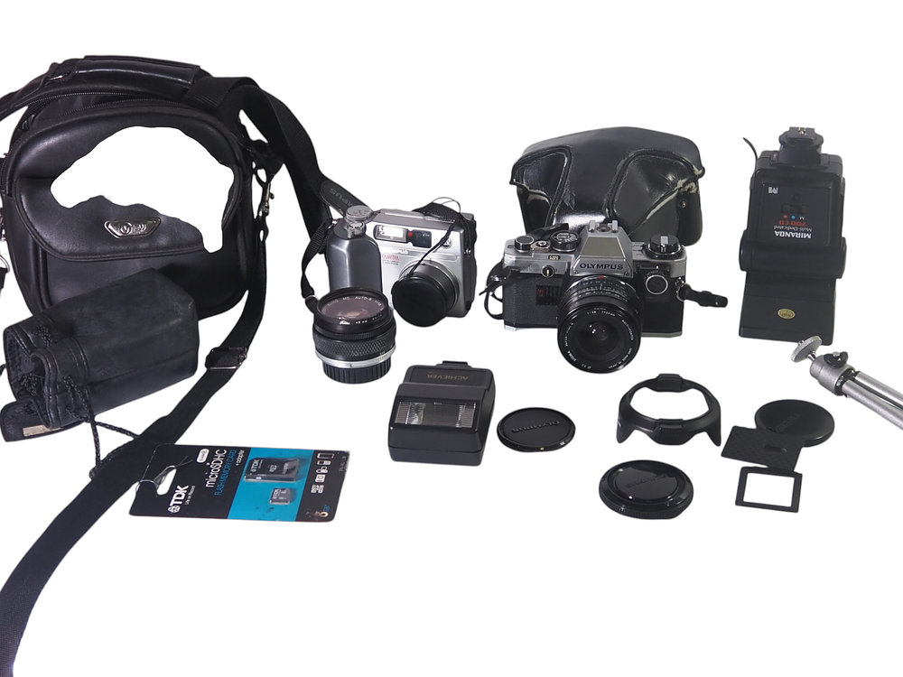 Lot 16: Olympus OM10 SLR Camera With Lenses Digital Camera Flash And Accessories