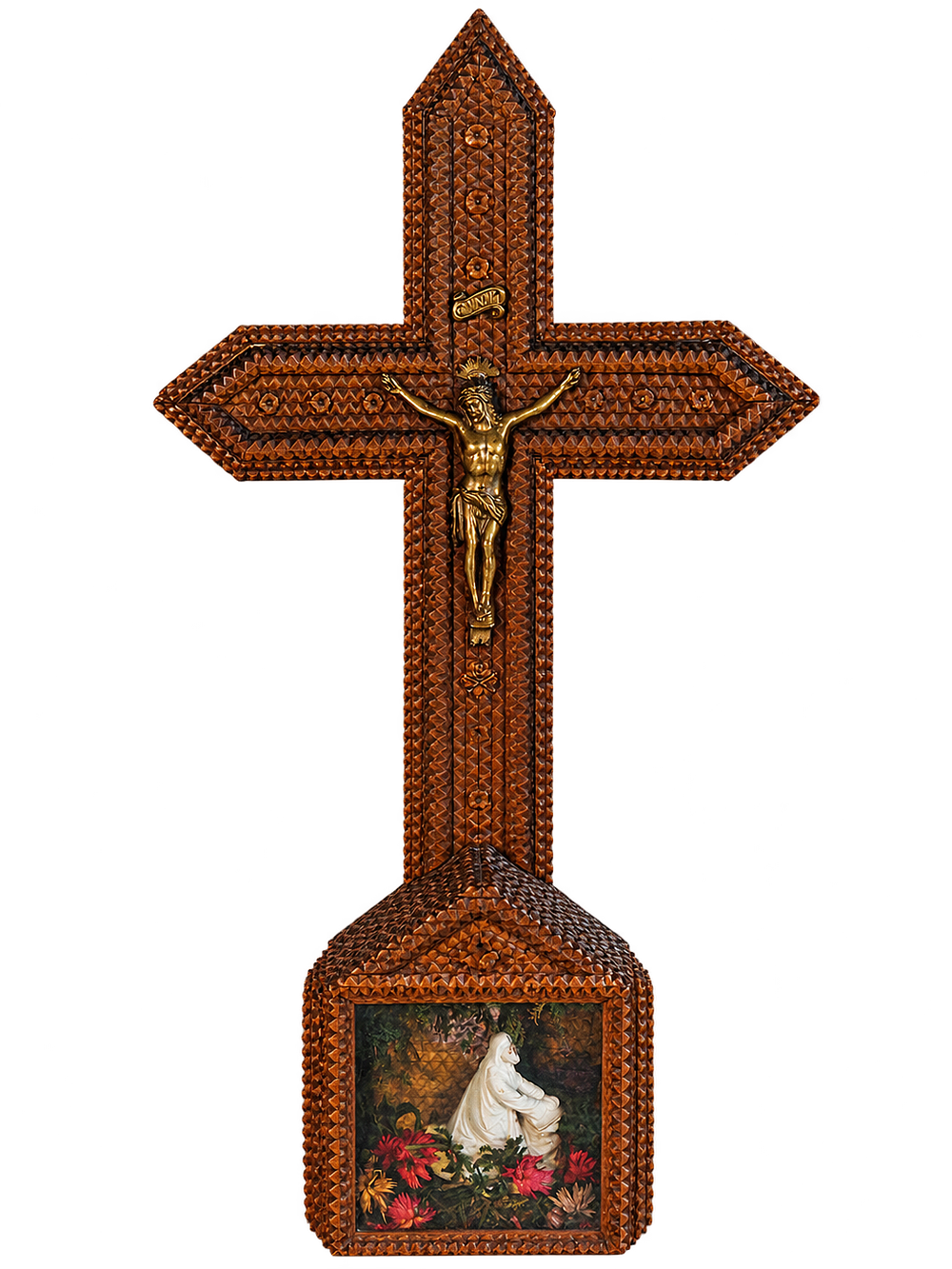 Lot 175: Tramp Art Wall Crucifix Shadow Box Shrine 90cm Antique