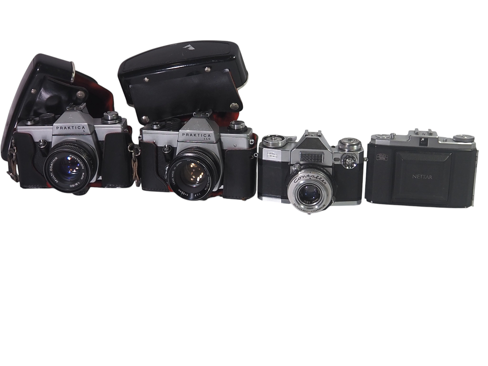 Lot 21: Four Vintage Cameras Two Praktica Zeiss Ikon Contaflex And Nettar