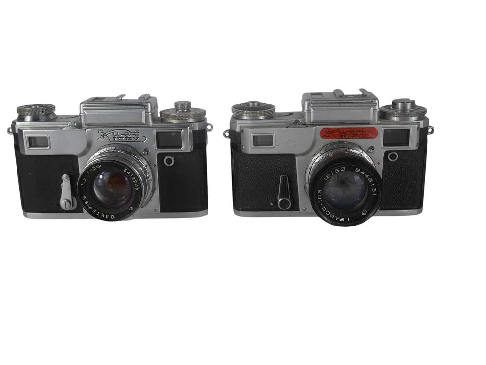Lot 44: Pair Of Kiev 35mm Rangefinder Cameras Jupiter 8 And Helios 103 Lenses