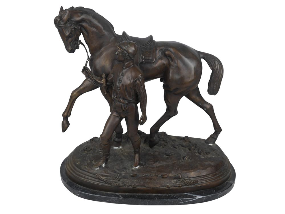 Lot 172: Bronze Horse And Groom Signed Edgar Bertram 1872 On Marble Base