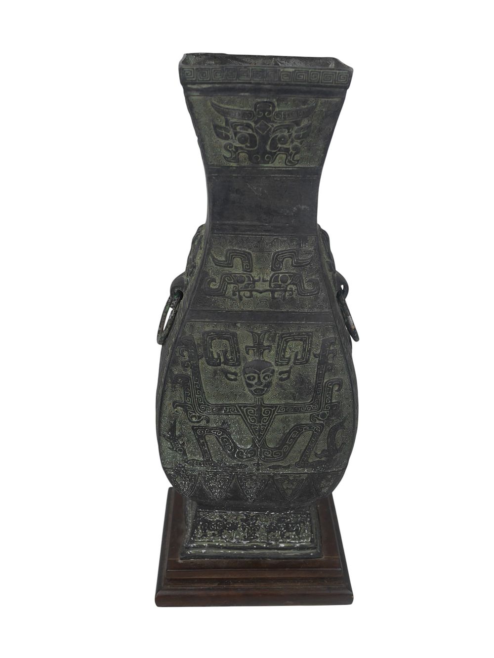 Lot 173: Chinese Archaic Style Vase With Ring Handles And Wooden Stand