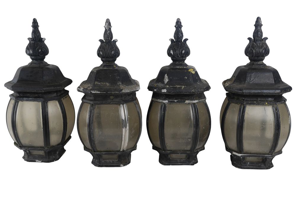 Lot 167: Set of Four Traditional Black Cast Aluminium Outdoor Lantern Lights