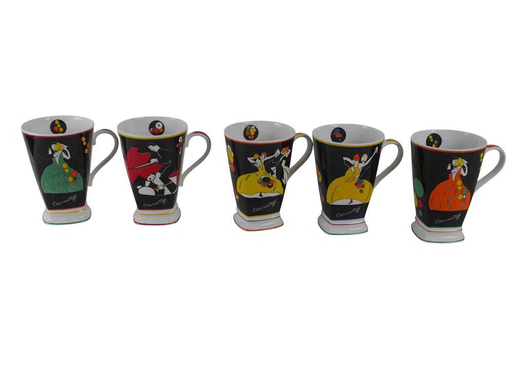 Lot 197: Clarice Cliff Limited Edition Set of Five Art Deco Style Mugs tee caps
