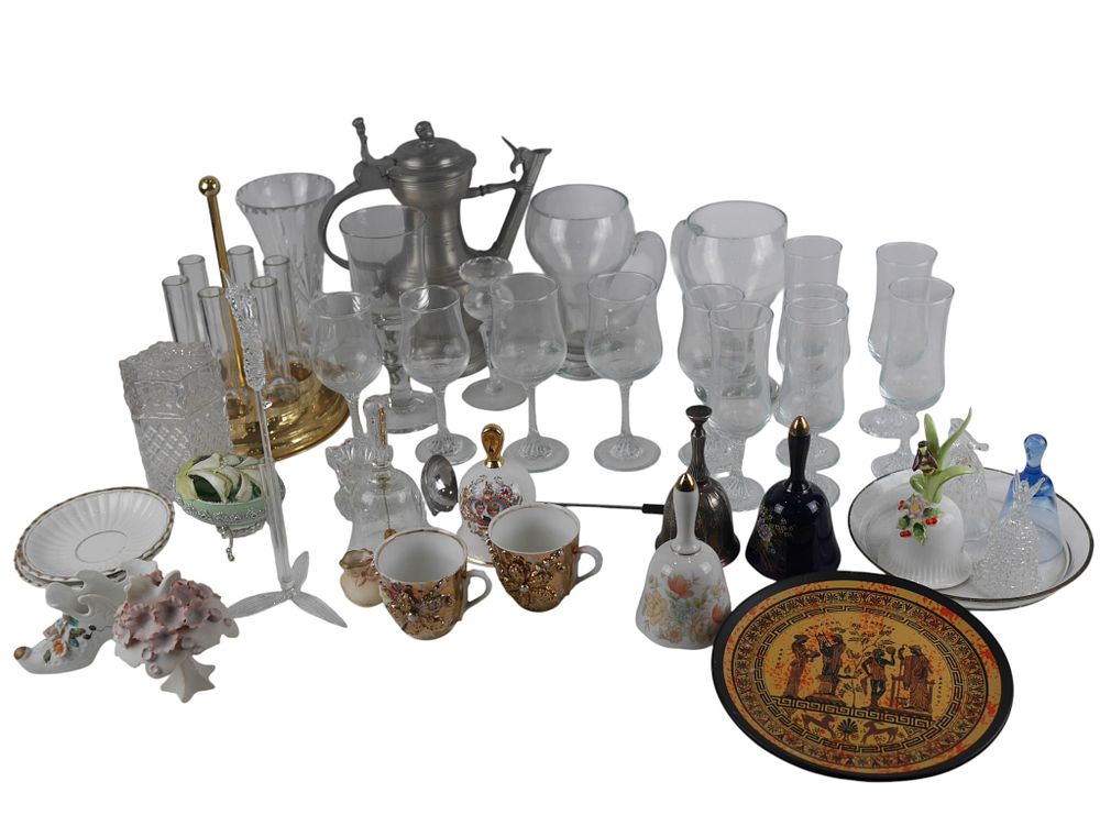 Lot 203: Assorted Glassware Porcelain Bells and Decorative Items Lot