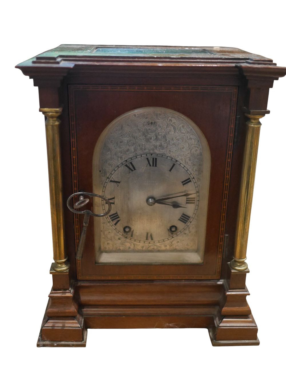 Lot 195: Antique Mahogany Inlaid Bracket Clock with Key