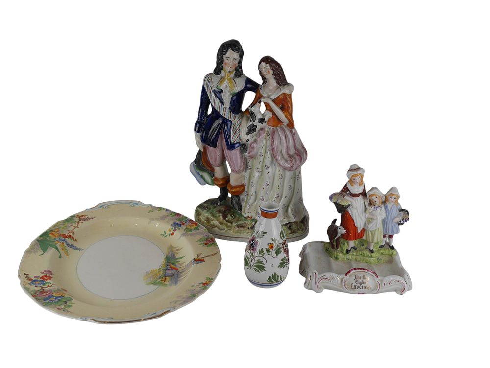 Lot 204: Mixed Lot Staffordshire Figures Yardley Dish Delft Vase and Grindley Plate