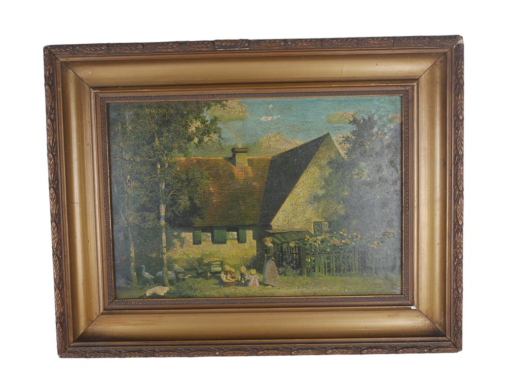 Lot 215: Vintage Framed Oil Painting Cottage Garden Family Scene
