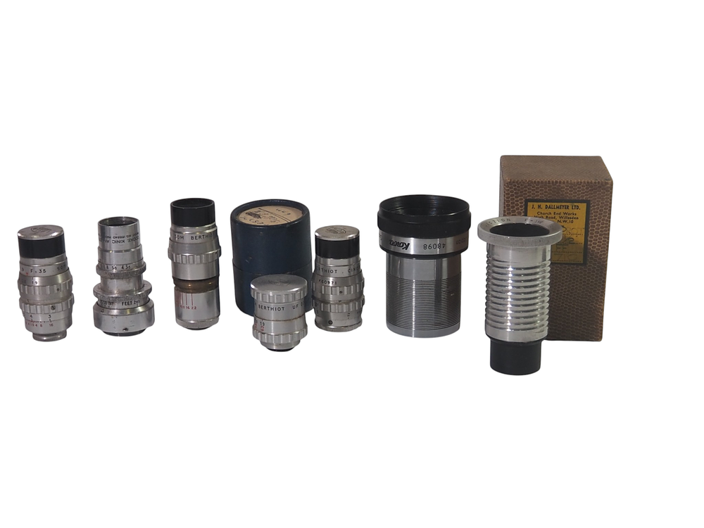 Lot 230: Collection Of Eight Vintage Cine And Projection Lenses Including Dallmeyer Kowa And Berthiot cooke