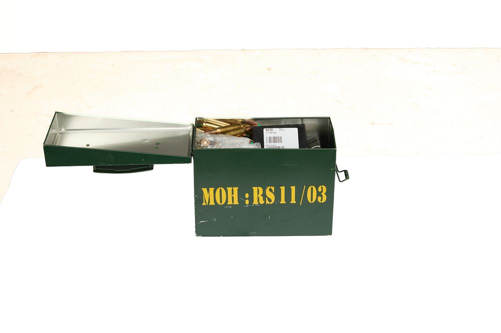 Lot 695: THREE KILOGRAMMES OF ASSORTED AMMUNITION. LOOSE IN A METAL AMMO TIN.