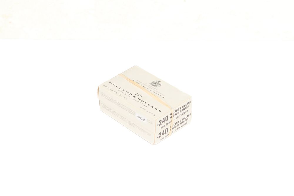Lot 693: FORTY ROUNDS OF .240 MAGNUM RIMLESS RIFLE CARTRIDGES. IN ORIGINAL BOXES. BY HOLLAND & HOLLAND .