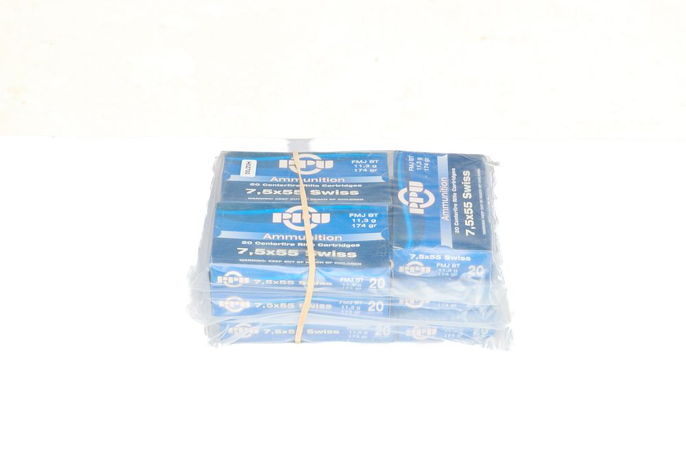 Lot 692: ONE HUNDRED AND EIGHTY ROUNDS OF 7.5 X 55 SWISS RIFLE CARTRIDGES. NEW IN ORIGINAL PACKAGES. BY PRVI PARTIZAN.