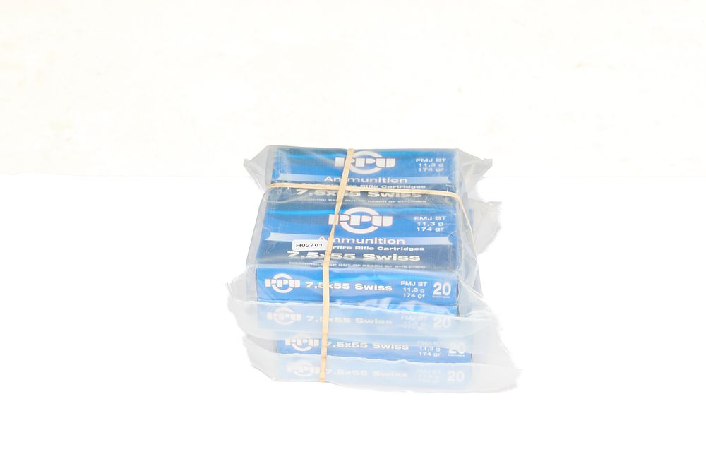 Lot 686: ONE HUNDRED AND SIXTY ROUNDS OF 7.5 X 55 SWISS RIFLE CARTRIDGES. NEW IN ORIGINAL PACKAGES. BY PRVI PARTIZAN.