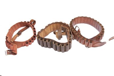 2 x used leather 12 bore cartridge belts, 1 x used canvas 12 bore cartridge belt