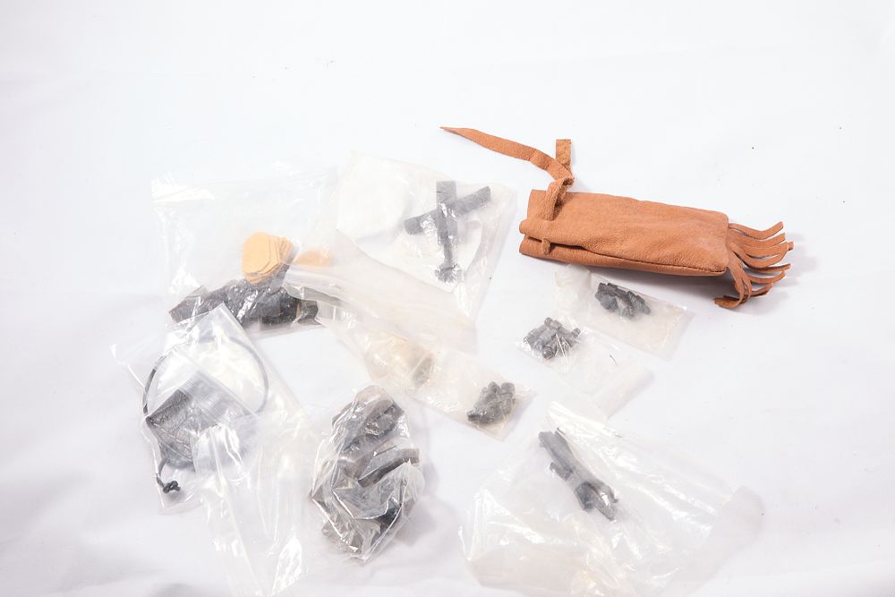Lot 1513: PERCUSSION NIPPLES, REPLACEMENT MAIN SPRINGS AND SPRING CLAMP AND 2 BAGS OF HALF FORMED FLINTS
