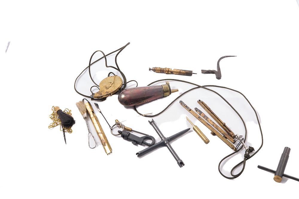 Lot 1511: PERCUSSION CAP DISPENSERS, NIPPLE KEYS, A SMALL REPRODUCTION PISTOL FLASK, AND OTHERS