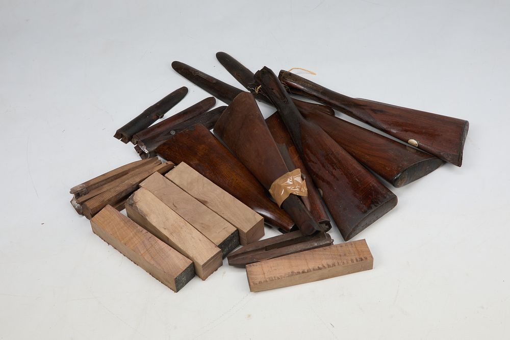 Lot 1238: ASSORTED WOOD CUT ROUGHLY FOR STOCKS/ HANDGUARDS AND ASSORTED FINISHED STOCKS AND HANDGUARDS, MAINLY FOR SXS SHOTGUNS