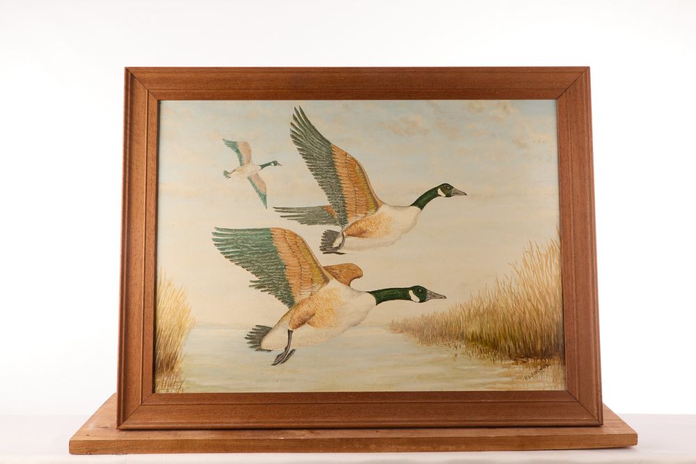 Lot 1055: GEESE FLIGHTING SCENE, ACRYLIC ON CANVAS, BY R.L. SIDGWICK, 1981