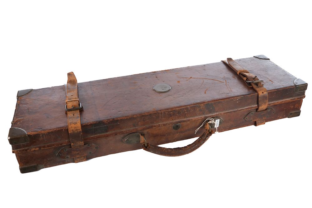 Lot 1040: LEATHER AND OAK CASE W/ BRASS CORNERS