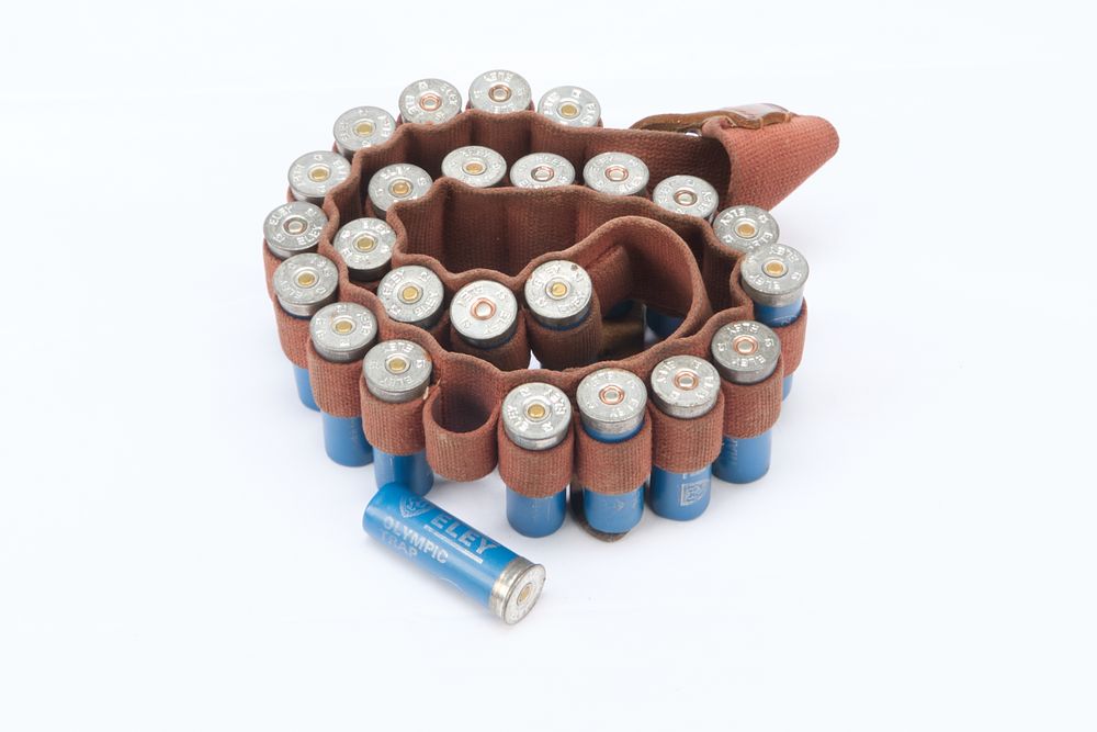 Lot 356: CANVAS BANDOLIER COMPLETE WITH ELEY 12 BORE OLYMPIC TRAP CARTRIDGES