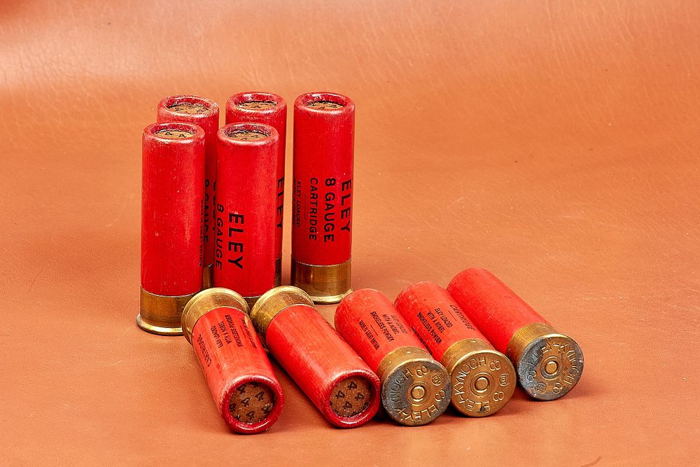 Lot 485: ELEY 8-BORE 3" NO 4 PAPER CARTRIDGES 10 OF 
 THE HEAD STAMPED 'ELEY-KYNOCH 8 ICI (LOGO) 8' 
 SECT 2 SGC REQUIRED TO PURCHASE THIS LOT