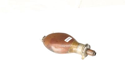 A PATENT TOP WHITE METAL AND COPPER POWDER FLASK BY G & J W HAWKSLEY . 2.5 - 3.25 DRAMS. OLD 
