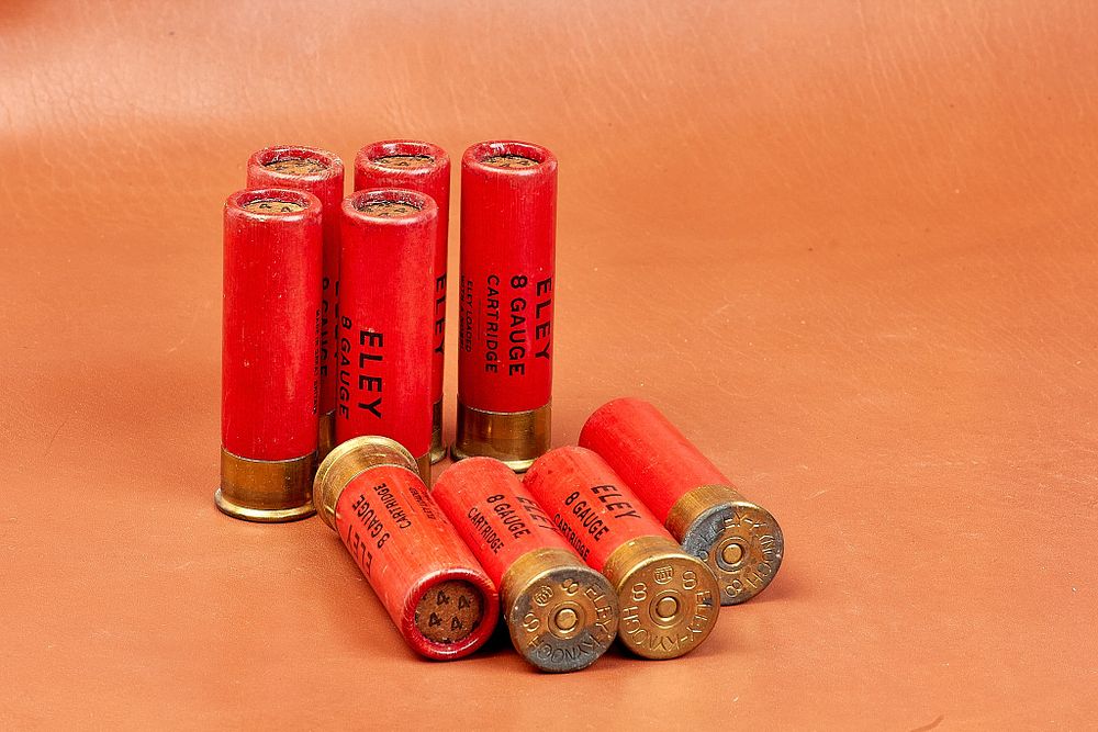 Lot 1230: ELEY 8-BORE 3" No 4 PAPER CARTRIDGES 9 of 
The head stamped 'ELEY-KYNOCH 8 ICI (LOGO) 8' 
Sect 2 SGC required to purchase this lot